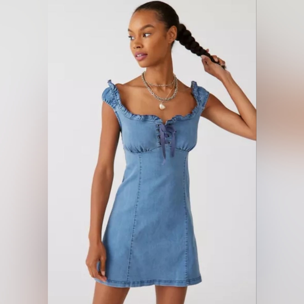 UO Nayda Denim Ruffle Mini Dress